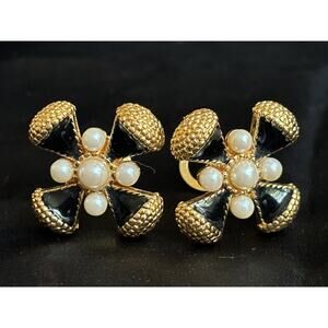 Maltese Cross Clip Earrings Black Enamel & Faux Pearls By Premier Designs 1"